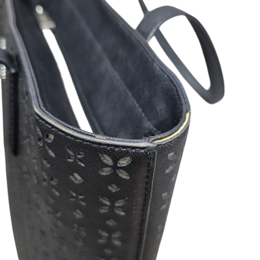 Michael Kors Hayley Tote Laser-cut Leather Medium Black And Silver Handbag COA - Picture 15 of 15